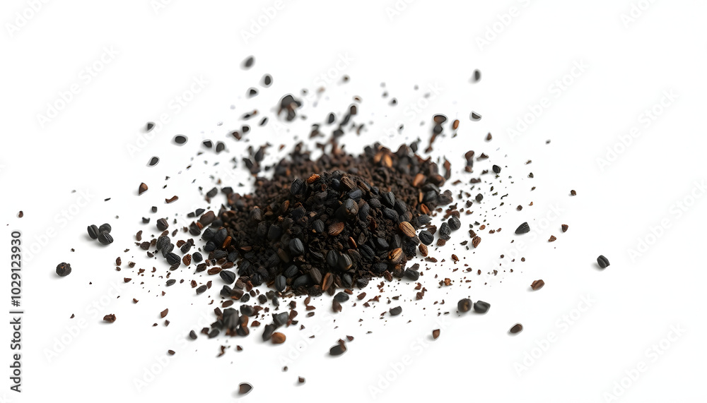 Black ground pepper scattered, spice flying isolated on white, clipping path isolated with white highlights, png Black ground pepper scattered, spice flying isolated on white, clipping path isolated with white highlights, png