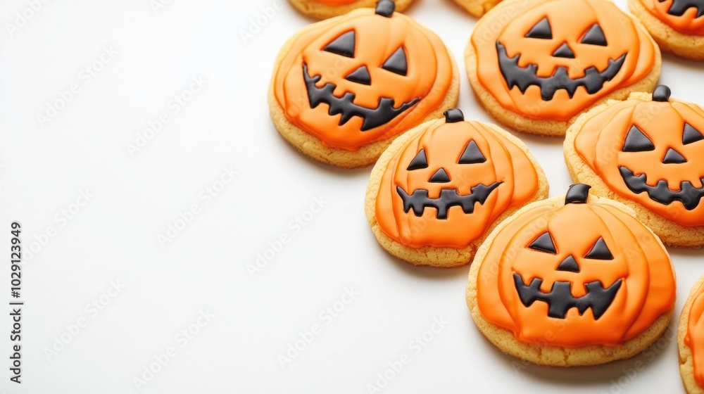 Jack-o'-lantern sugar cookies with bright orange icing and spooky faces, isolated on white background Jack-o'-lantern sugar cookies with bright orange icing and spooky faces, isolated on white background