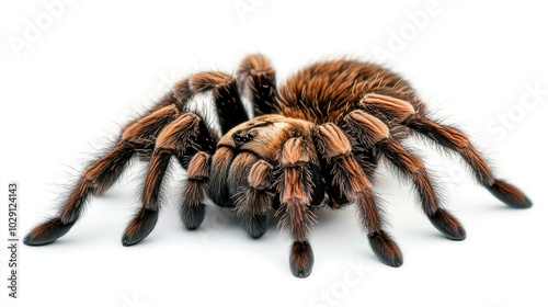 A close-up of a tarantula spider, isolated on a white background, showing its hairy legs and body in fine detail. photo