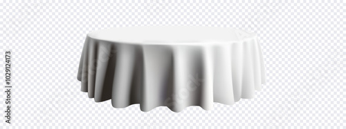 3D vector illustration of a round table with a white tablecloth, isolated on a transparent background. The tablecloth drapes naturally over the table, creating realistic folds.