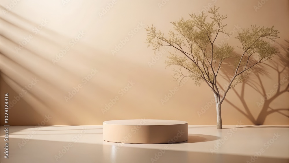 Elegant pastel beige background adorned with a nude pedestal, enhanced by the shadow of a tree branch. Elegant pastel beige background adorned with a nude pedestal, enhanced by the shadow of a tree branch.