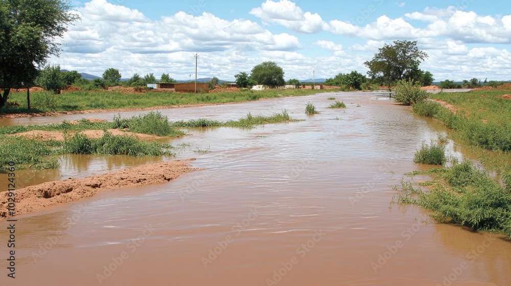 Water pooling across a desert landscape, with patches of wet sand and desert plants submerged in the flood. Water pooling across a desert landscape, with patches of wet sand and desert plants submerged in the flood.