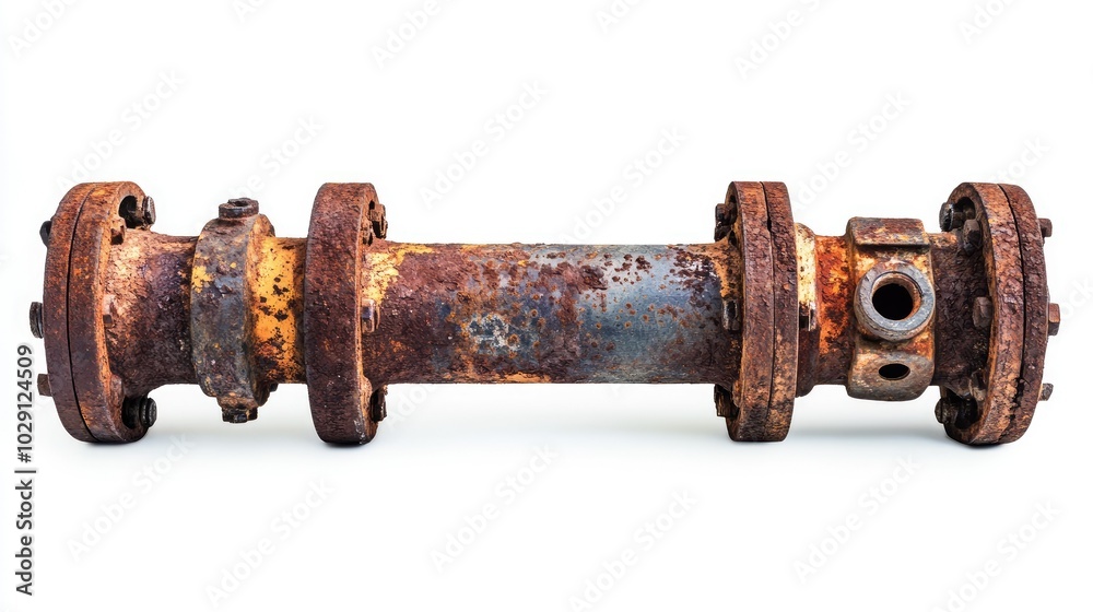 A close-up of an old, rusty drain pipe with visible corrosion and flanges, isolated on a plain white background. A close-up of an old, rusty drain pipe with visible corrosion and flanges, isolated on a plain white background.