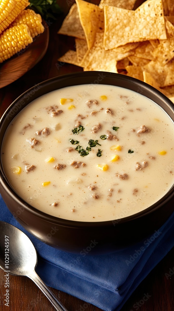 A hearty bowl of chili filled with corn and ground beef, garnished with fresh herbs, sits next to croutons on festive blue napkins, creating a joyful game day vibe A hearty bowl of chili filled with corn and ground beef, garnished with fresh herbs, sits next to croutons on festive blue napkins, creating a joyful game day vibe