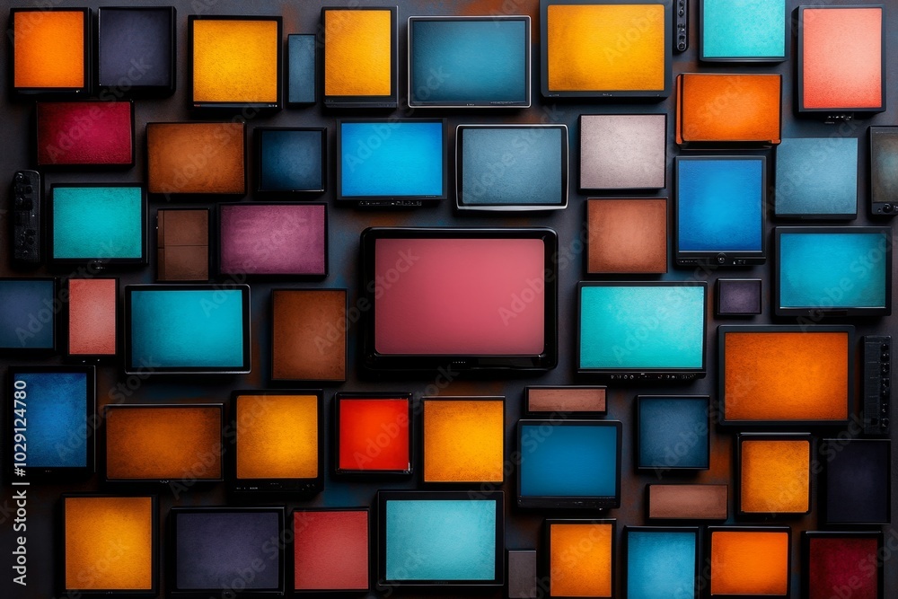 Watercolor illustration of a wall of TV screens, with soft, blurred colors representing the variety of content available through cable and streaming services Watercolor illustration of a wall of TV screens, with soft, blurred colors representing the variety of content available through cable and streaming services