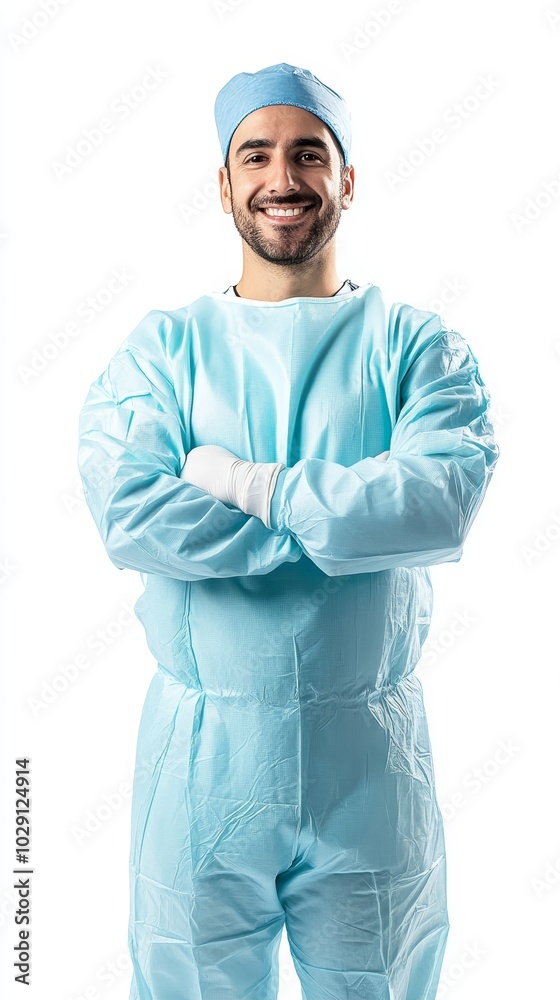 Smiling male healthcare professional in blue scrubs with arms crossed.