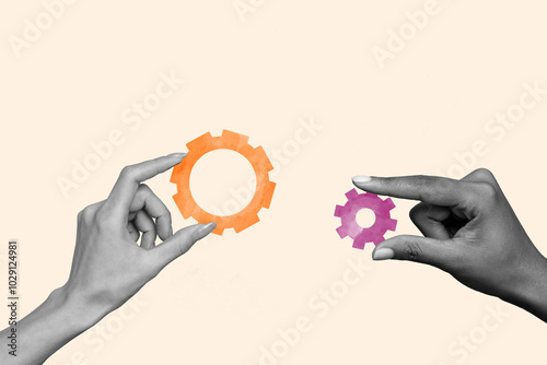 Creative collage picture hands body fragments cogwheel teamwork cooperation organization business startup progress drawing background photo