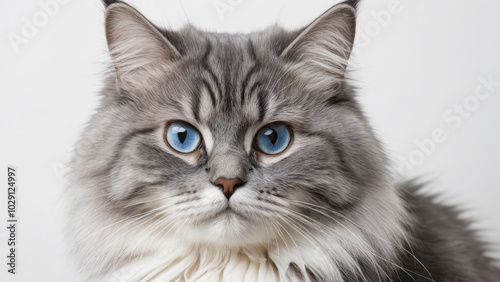 Portrait of Blue siberian cat on grey background