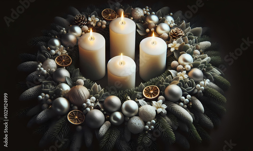 Festliche Weihnachtsszene / Adventsszene mit Kerzen, Tannenzweigen, Tannenzapfen, GoldkugelnFestliche Weihnachtsszene / Adventsszene mit Kerzen, Tannenzweigen, Tannenzapfen, Goldkugeln photo