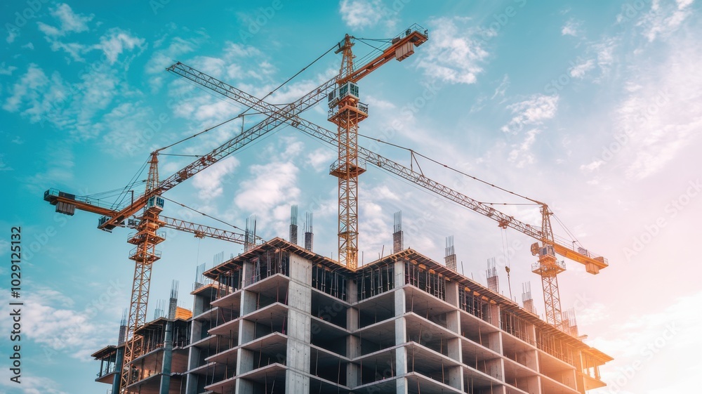 Construction site with cranes under a bright blue sky. Construction site with cranes under a bright blue sky.