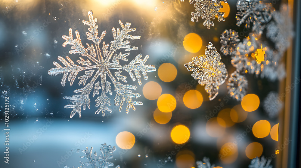 Fototapeta premium A detailed close-up of a frosted window pane with intricate snowflake patterns with a glowing Christmas tree visible in the background.