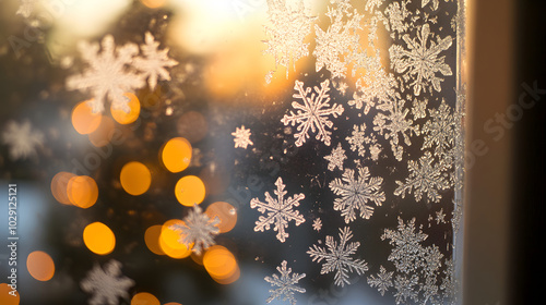 A detailed close-up of a frosted window pane with intricate snowflake patterns with a glowing Christmas tree visible in the background.