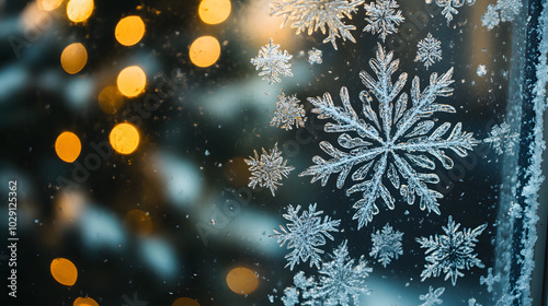 A detailed close-up of a frosted window pane with intricate snowflake patterns with a glowing Christmas tree visible in the background.