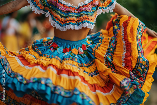Woman in a traditional Mexican dress (China Poblana) dancing in the street.
