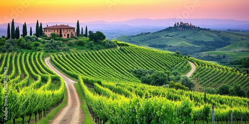 Stunning Sunset Over Tuscany's Rolling Vineyards and Rustic Farmhouse - Explore Scenic Italian Countryside Views in Vibrant Colors