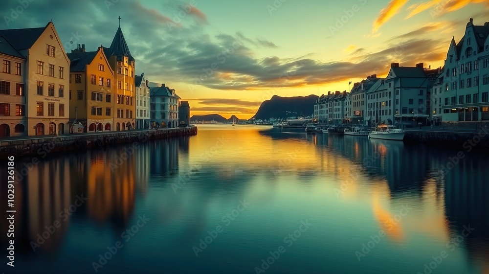 Obraz premium Sunset Over Colorful Buildings by the Water