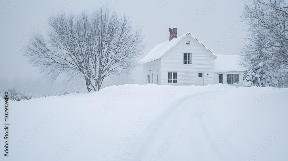 A farmhouse almost invisible beneath a heavy blanket of snow with a narrow path shoveled from the front door to the road. A farmhouse almost invisible beneath a heavy blanket of snow with a narrow path shoveled from the front door to the road.