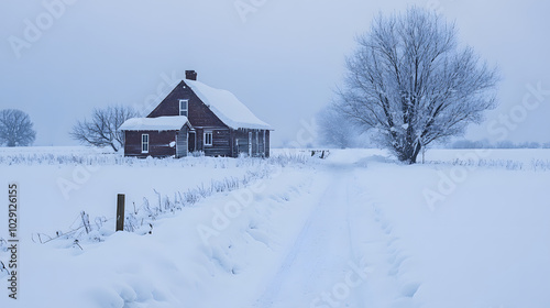 A farmhouse almost invisible beneath a heavy blanket of snow with a narrow path shoveled from the front door to the road. photo