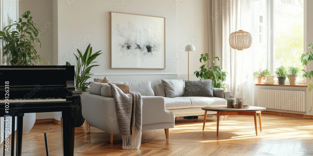 A cozy living room with a gray sofa, plants, and warm sunlight. A cozy living room with a gray sofa, plants, and warm sunlight.