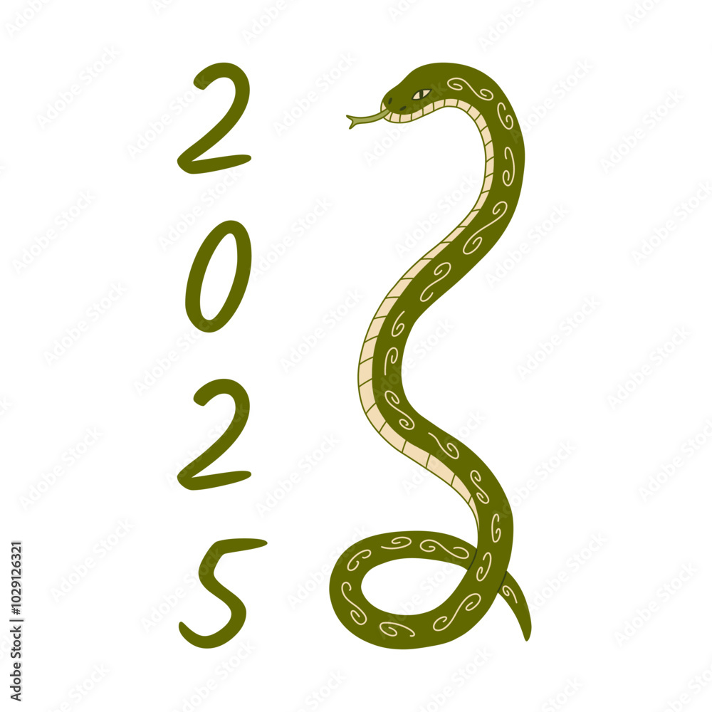 Naklejka premium Green earth snake cobra on white background. Colorful stylized vector isolated illustration hand drawn. Symbol of the new 2025 year. Wood texture. Snake year