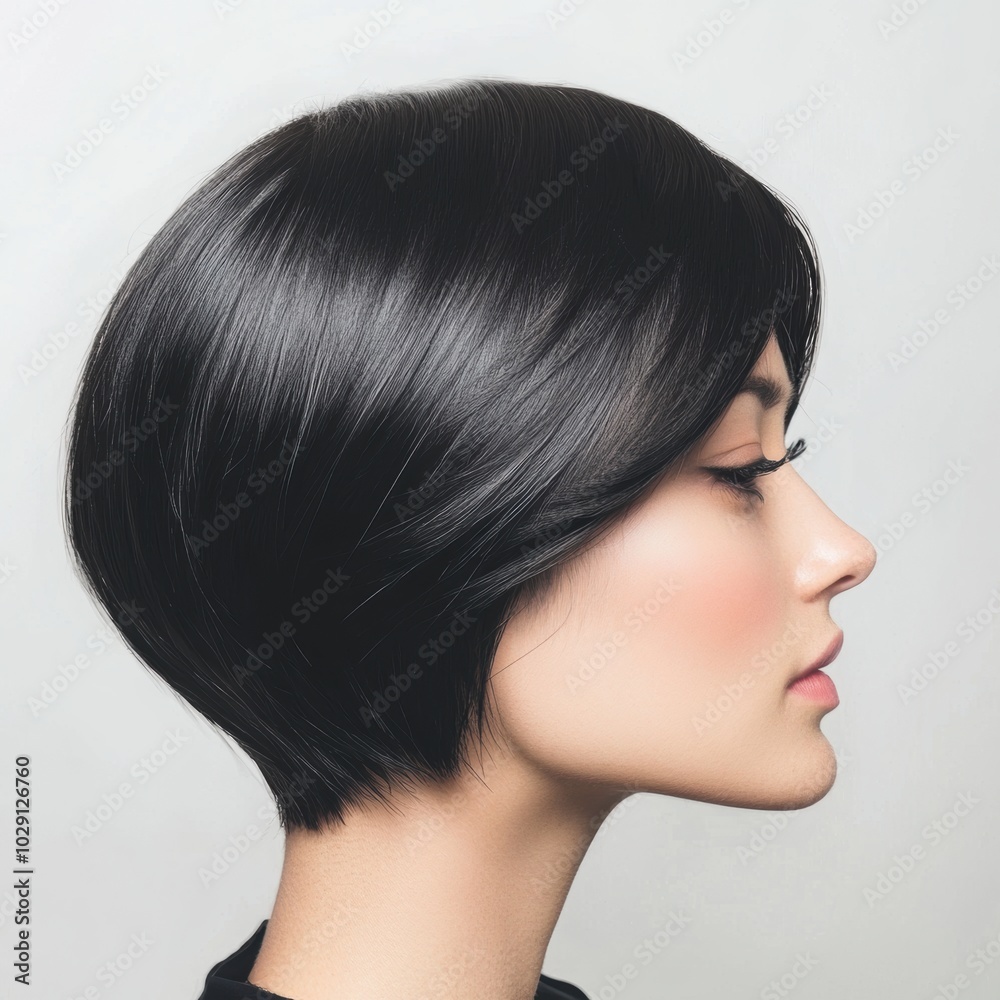 Profile view of a woman with sleek, short black hair against a light background. Profile view of a woman with sleek, short black hair against a light background.