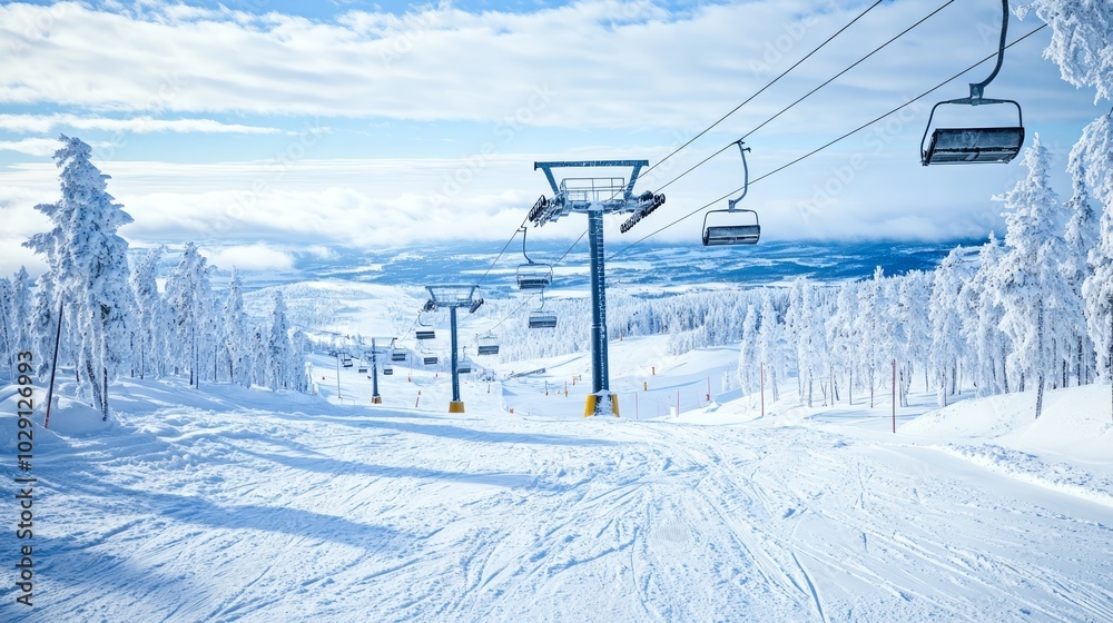 A ski lift ascends a snowy mountainside, with a panoramic view of the winter landscape. A ski lift ascends a snowy mountainside, with a panoramic view of the winter landscape.