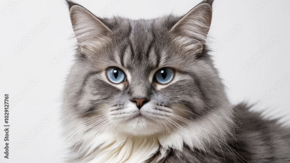 Portrait of Blue siberian cat on grey background Portrait of Blue siberian cat on grey background