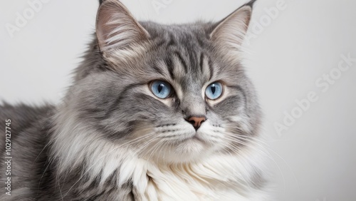 Portrait of Blue siberian cat on grey background