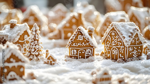 A gingerbread village with intricately decorated houses and trees set on a snowy tabletop with powdered sugar snow. photo