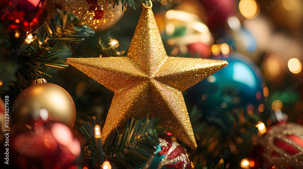 A golden star atop a Christmas tree surrounded by colorful ornaments and tinsel. A golden star atop a Christmas tree surrounded by colorful ornaments and tinsel.