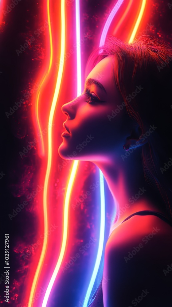 Profile of a young woman illuminated by vibrant neon lights, creating a striking silhouette.
