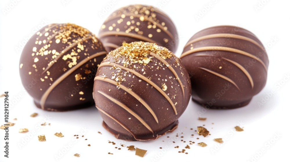Chocolate truffles decorated with gold dust and edible glitter, perfect for New Year, isolated on white background Chocolate truffles decorated with gold dust and edible glitter, perfect for New Year, isolated on white background