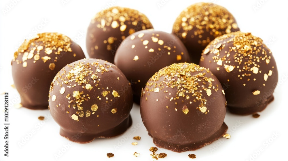 Chocolate truffles decorated with gold dust and edible glitter, perfect for New Year, isolated on white background Chocolate truffles decorated with gold dust and edible glitter, perfect for New Year, isolated on white background