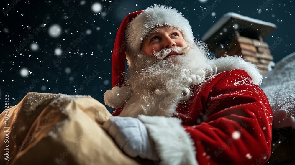Santa Claus sitting on a rooftop next to a chimney on a starry night, holding a large sack of gifts. The scene captures the essence of Christmas Eve, with Santa preparing to deliver presents. Santa Claus sitting on a rooftop next to a chimney on a starry night, holding a large sack of gifts. The scene captures the essence of Christmas Eve, with Santa preparing to deliver presents.