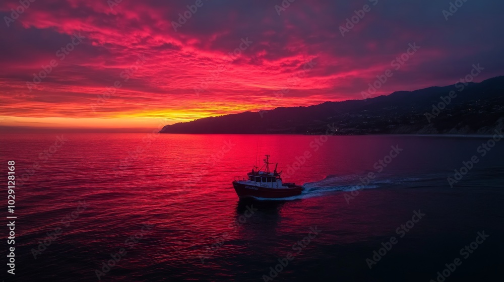 A small boat sailing on the ocean at sunset with a fiery red sky and a coastline in the distance. A small boat sailing on the ocean at sunset with a fiery red sky and a coastline in the distance.