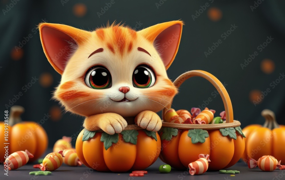 Adorable Black Cat Collecting Halloween Candy Adorable Black Cat Collecting Halloween Candy