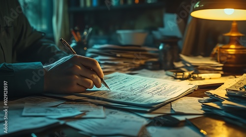 Fingers holding a pen, signing forms on a cluttered desk covered in various documents, disorganized papers visible in the background, soft lighting highlighting the signature and workspace.