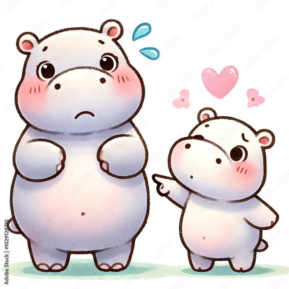 Fototapeta premium Cute cartoon hippos showing emotions and affection, perfect for children's illustrations and playful designs.