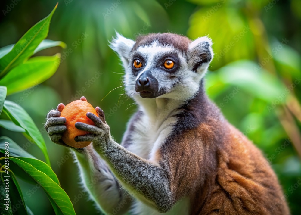 Fototapeta premium Ringtailed Lemur Eating Yam - Documentary Photography of Lemur Catta in Natural Habitat