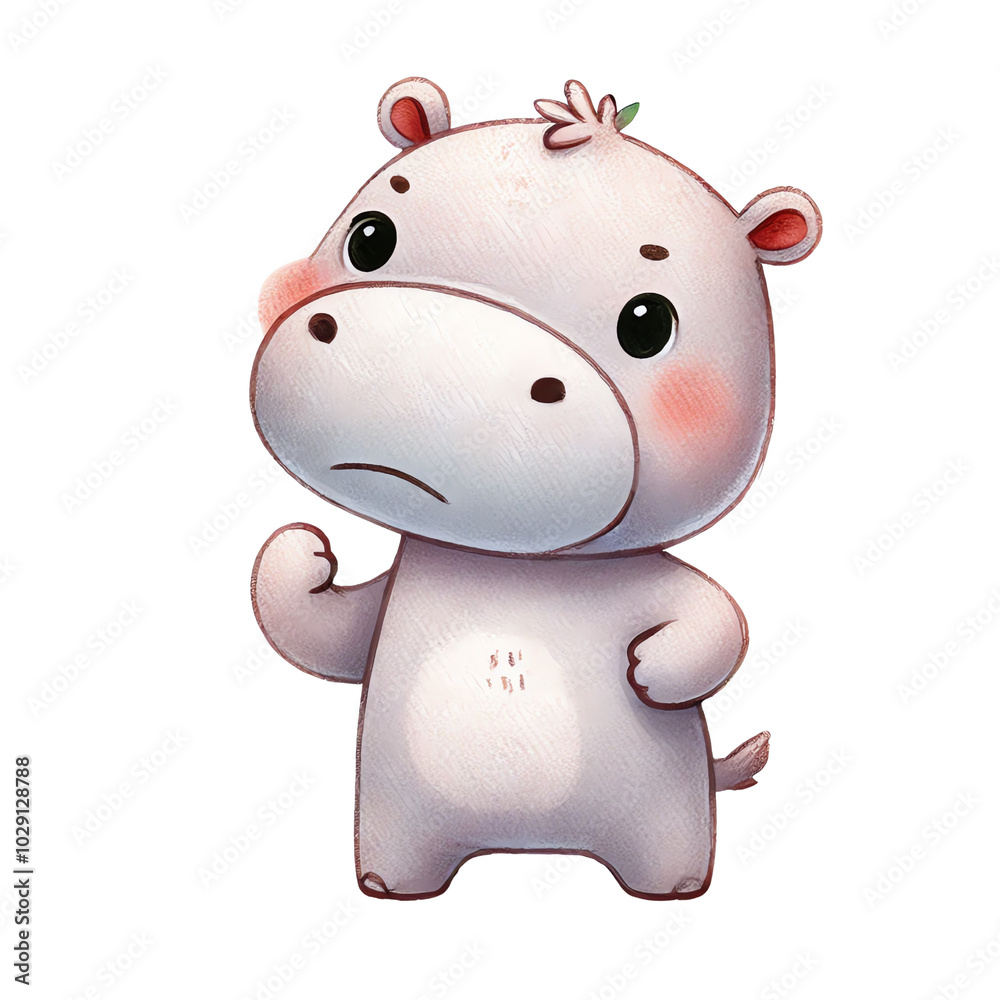 Naklejka premium Cute cartoon hippo character with a thoughtful expression, perfect for children's illustrations and playful designs.