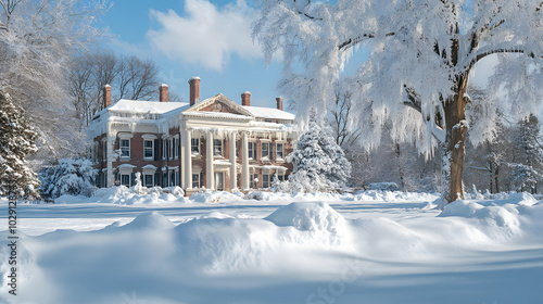 A grand historic mansion partially buried in snow with the large pillars at the entrance covered in icicles and snowbanks surrounding the house. photo