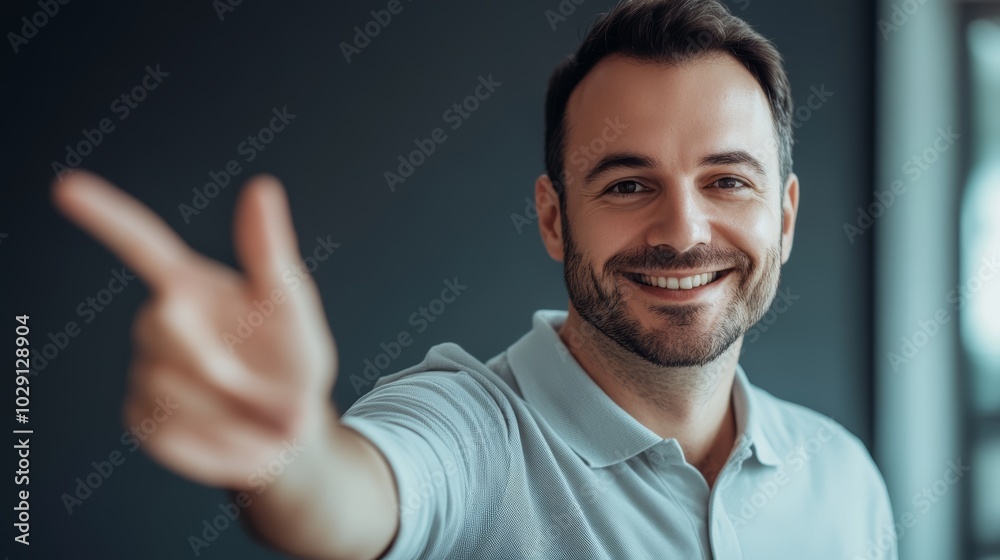 Smiling Caucasian man gesturing with his hand in a friendly manner. Smiling Caucasian man gesturing with his hand in a friendly manner.