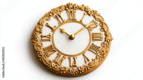 Clock-shaped sugar cookies with gold icing details, striking midnight, isolated on white background