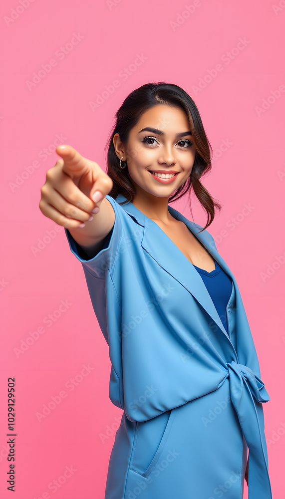 Photo portrait of lovely young lady point empty space dressed stylish blue garment isolated on pink color background isolated with white highlights, png Photo portrait of lovely young lady point empty space dressed stylish blue garment isolated on pink color background isolated with white highlights, png