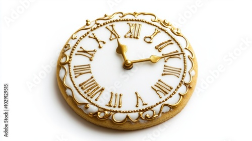Clock-shaped sugar cookies with gold icing details, striking midnight, isolated on white background