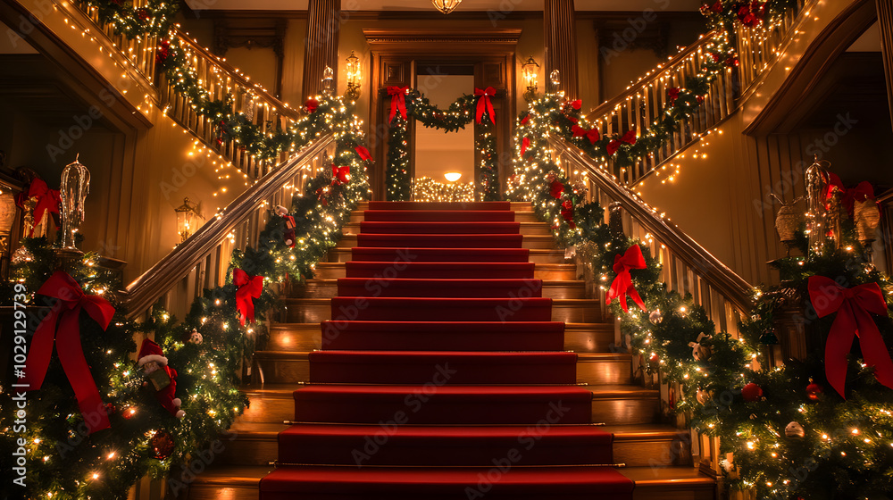 A grand staircase decorated with garlands red bows and twinkling lights leading up to a festively lit Christmas party. A grand staircase decorated with garlands red bows and twinkling lights leading up to a festively lit Christmas party.