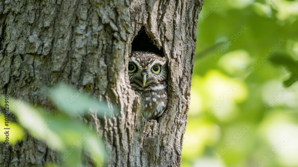 A small owl with large yellow eyes peeks out of a tree hole with green leaves blurred in the background. A small owl with large yellow eyes peeks out of a tree hole with green leaves blurred in the background.