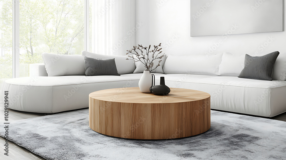 Round wood coffee table against white sofa Round wood coffee table against white sofa