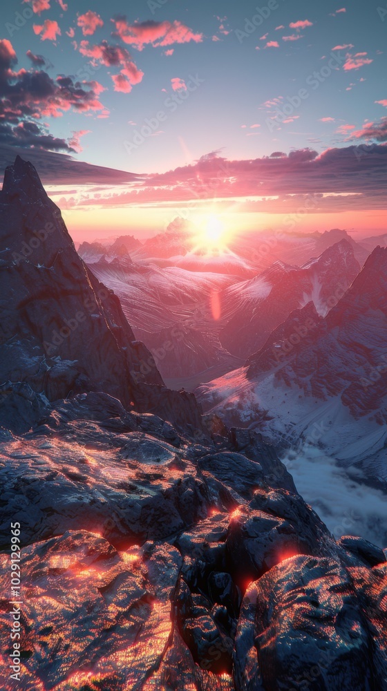 Obraz premium Magnificent mountainous vista adorned with the gentle colors of sunrise, 4K hyperrealistic photo