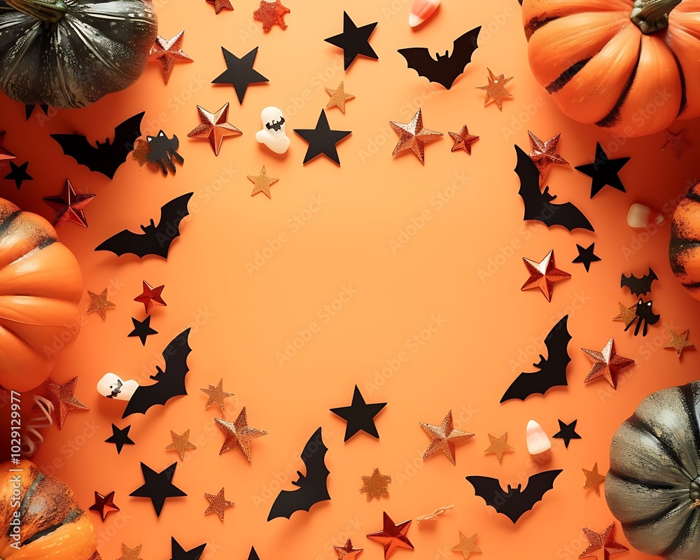 Flat lay Halloween banner, pumpkins, stars, bats on orange table, copy space for card. Flat lay Halloween banner, pumpkins, stars, bats on orange table, copy space for card.